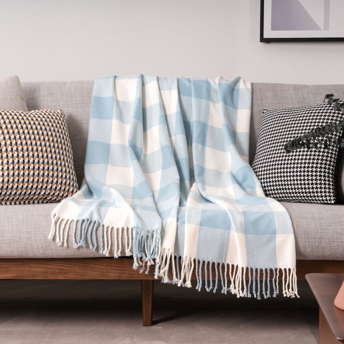 Classic Checkered Faux Cashmere Fringe Blanket