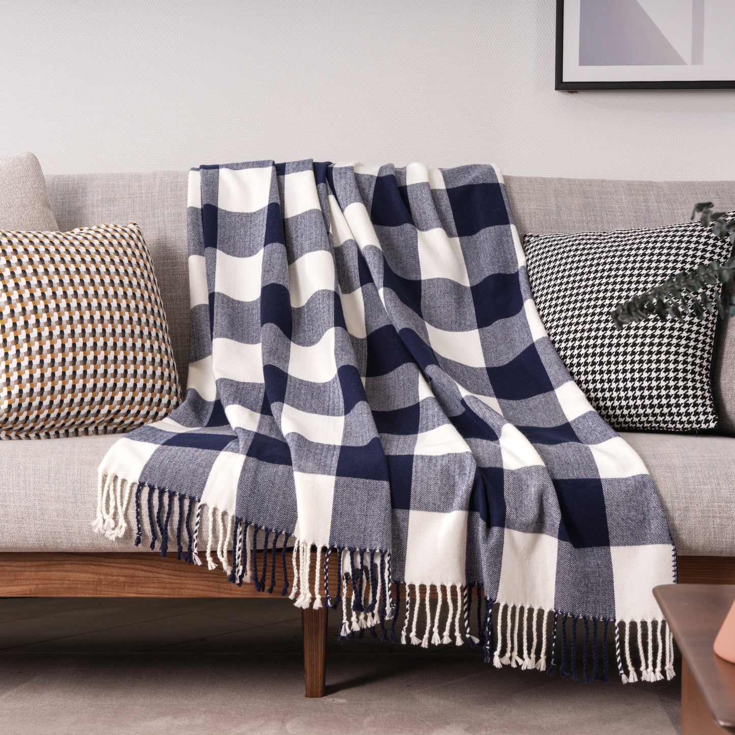 Classic Checkered Faux Cashmere Fringe Blanket