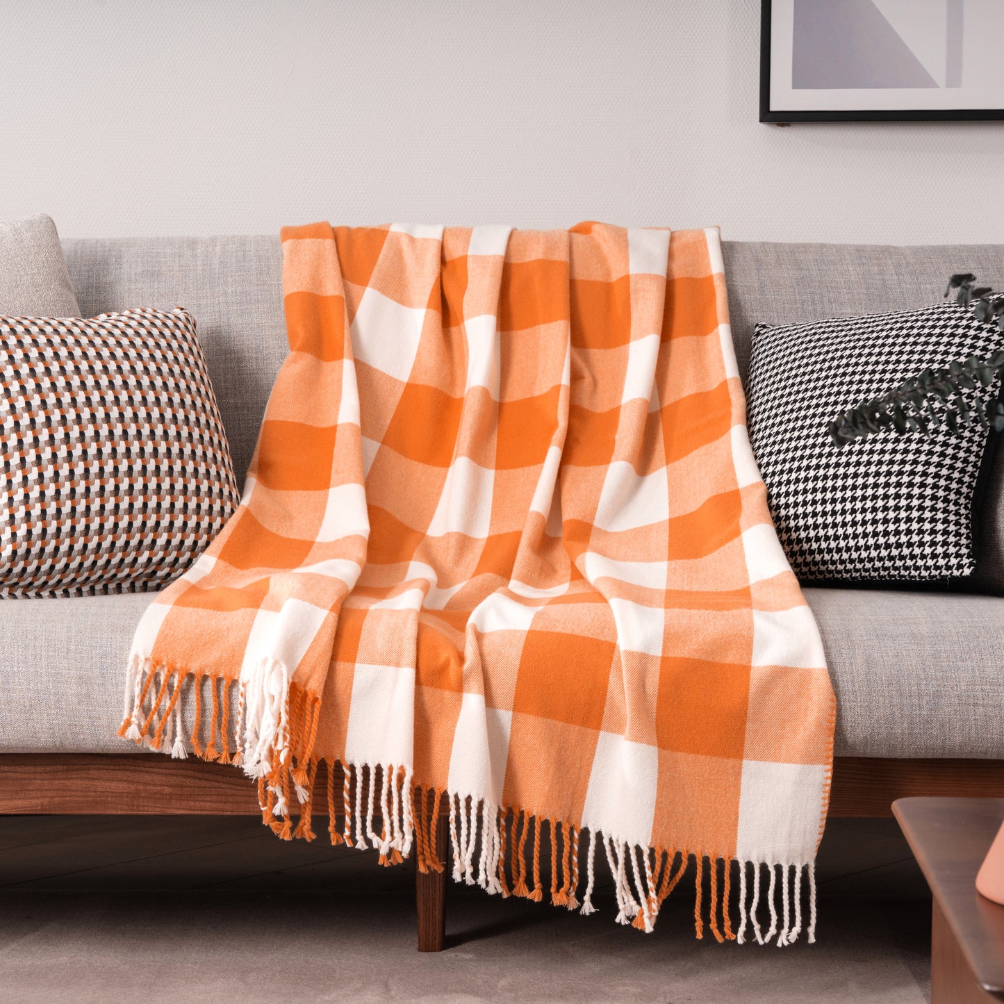 Classic Checkered Faux Cashmere Fringe Blanket