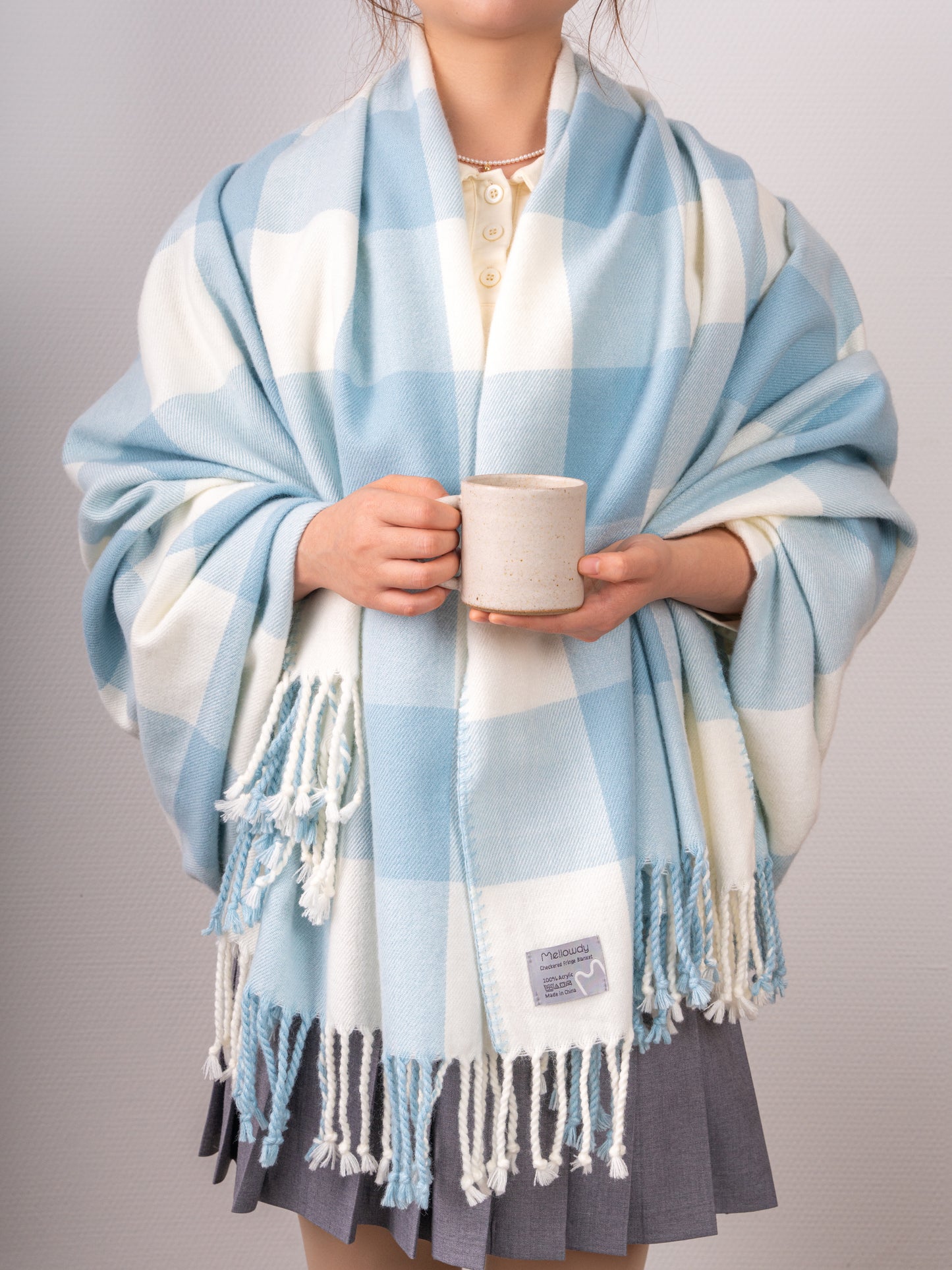 Classic Checkered Faux Cashmere Fringe Blanket