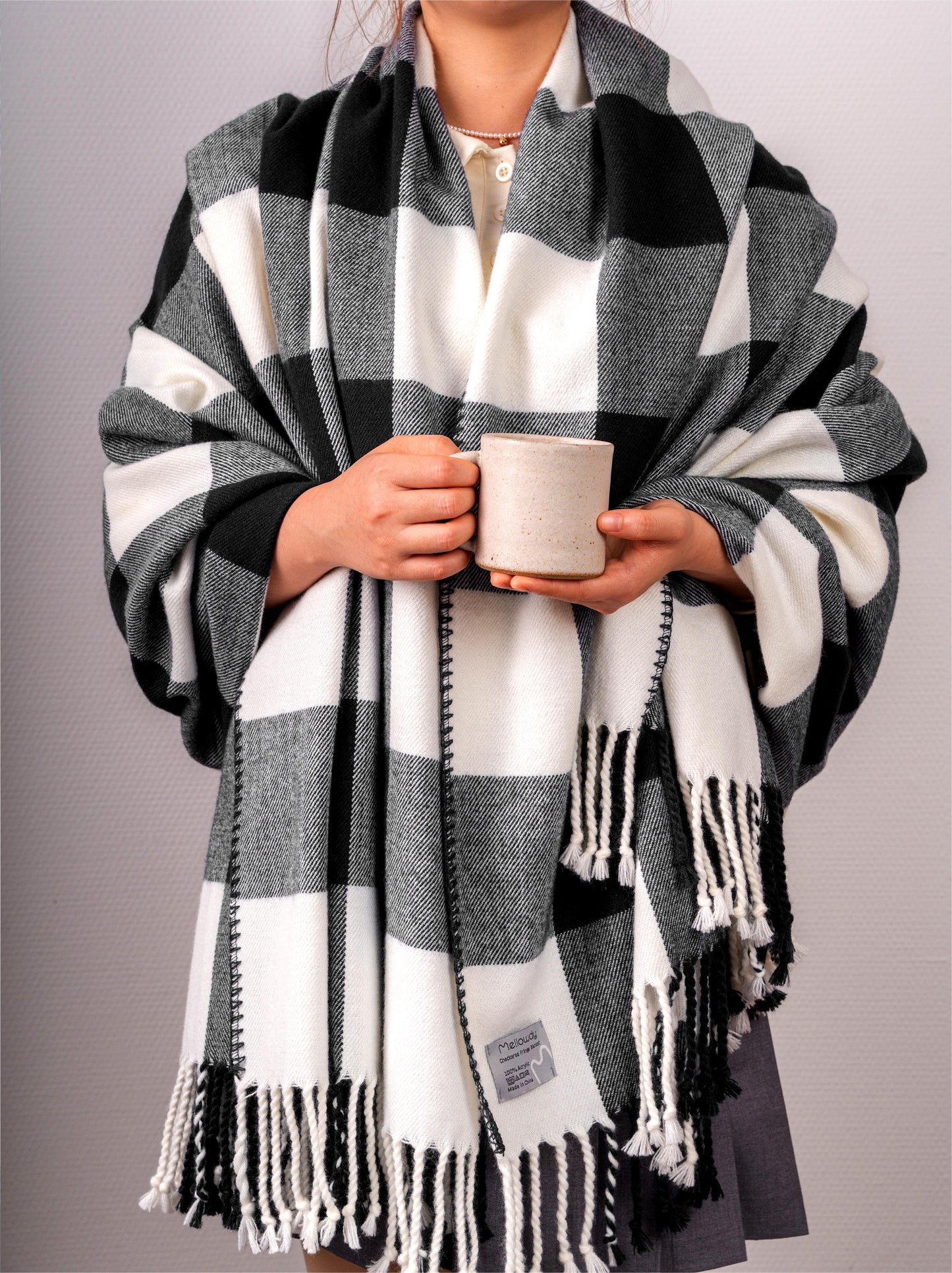 Classic Checkered Faux Cashmere Fringe Blanket