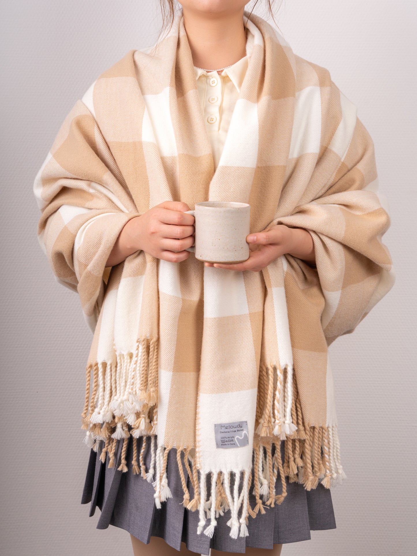 Classic Checkered Faux Cashmere Fringe Blanket