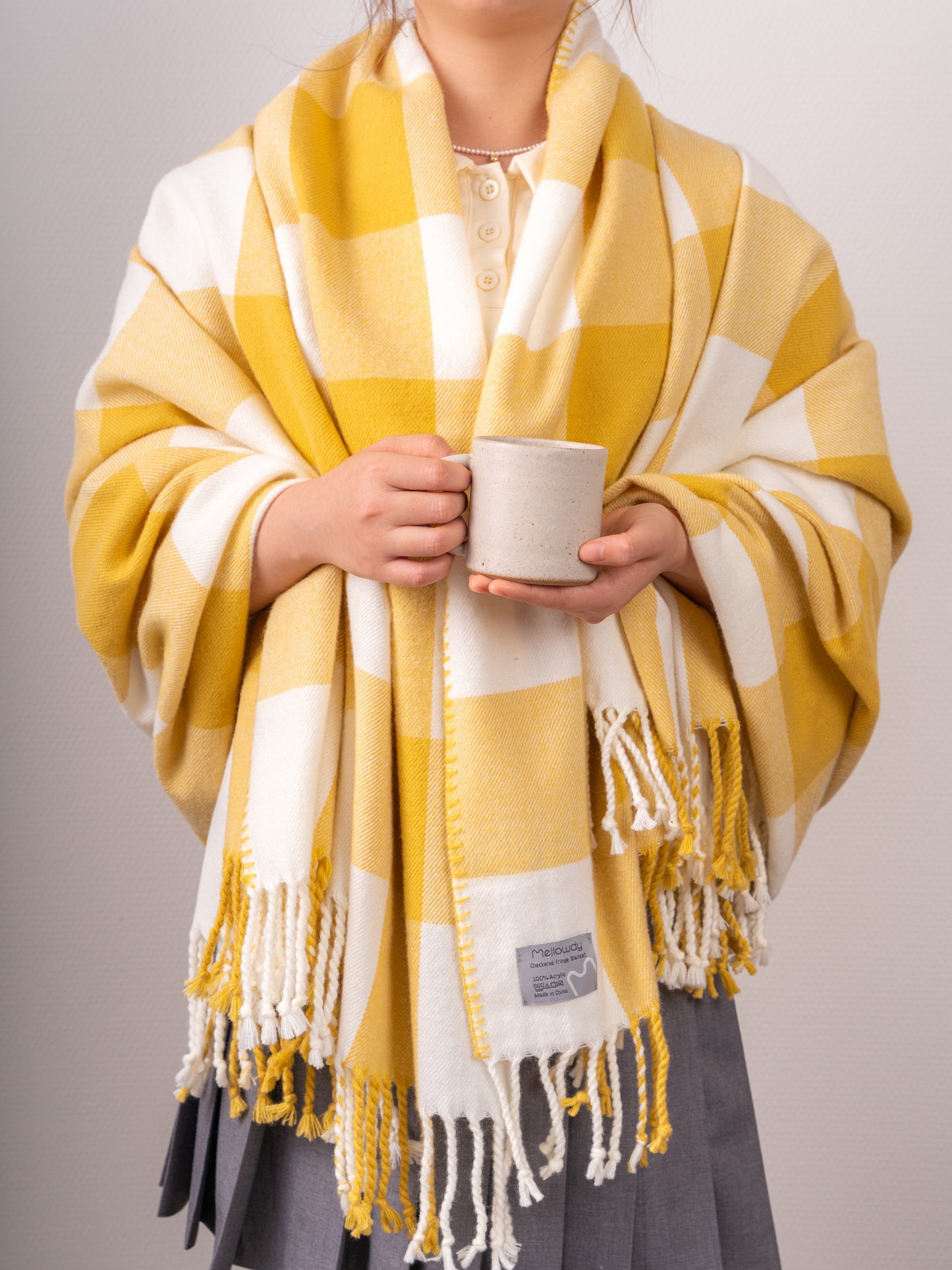 Classic Checkered Faux Cashmere Fringe Blanket