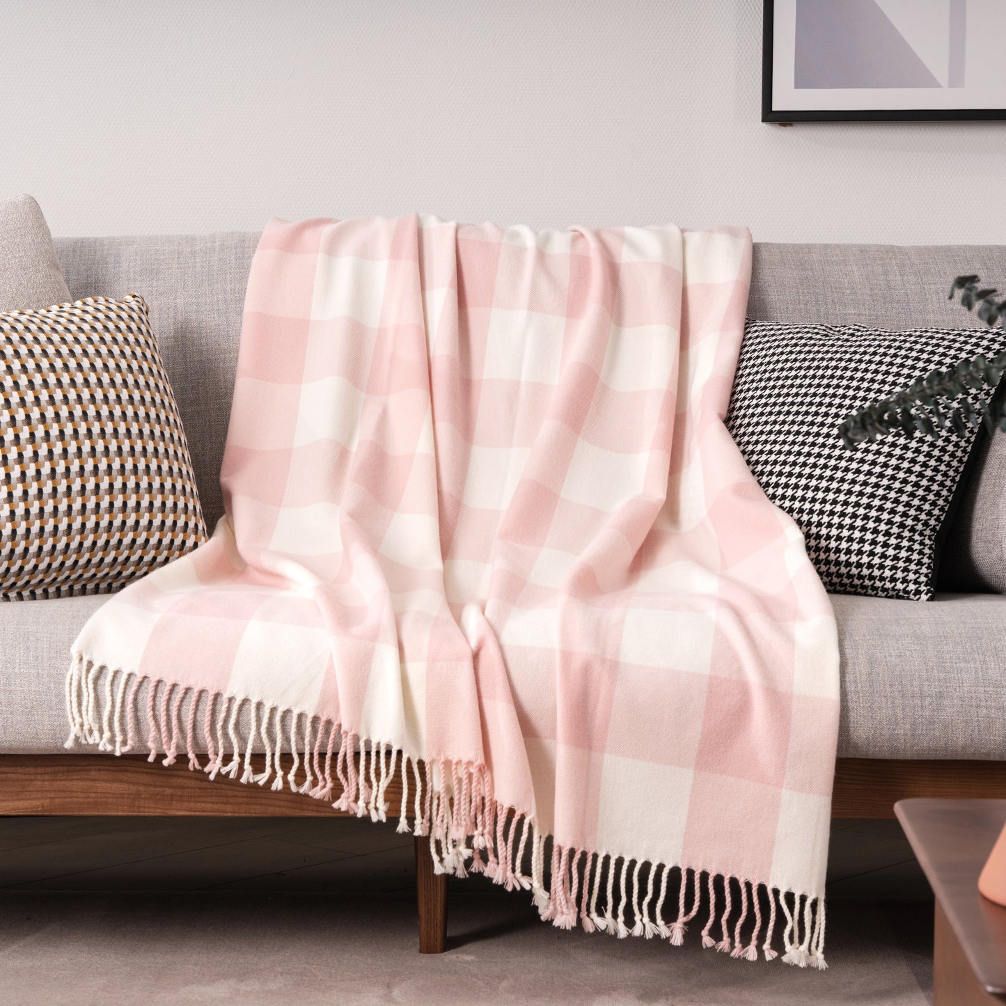 Classic Checkered Faux Cashmere Fringe Blanket