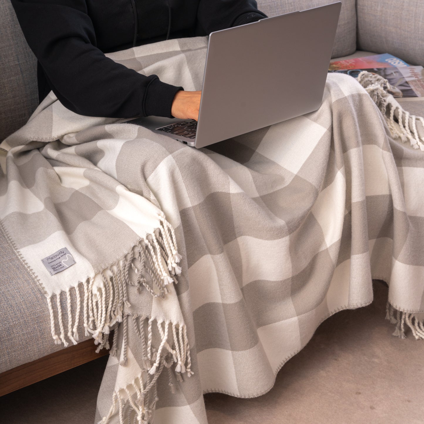 Classic Checkered Faux Cashmere Fringe Blanket